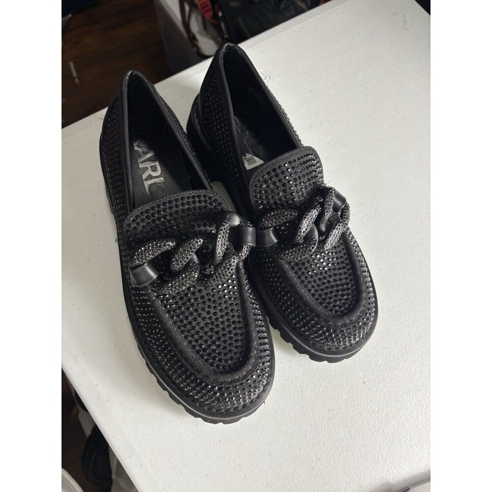 Karl Lagerfeld Paris Women's Slip on Embellished Leather Loafer Flats 9MBlack
